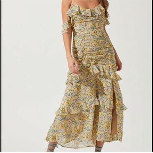 ASTR The Label Daisy Dell Yellow Floral Midi Dress Off Shoulder Ruffle Flowy